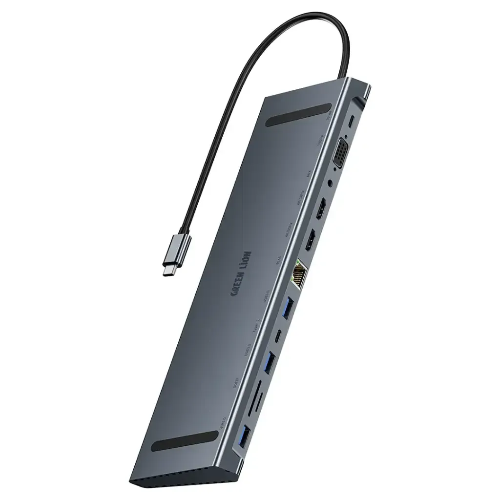 Green Lion 12-in-1 USB-C Hub with Dual 4K HDMI, VGA, Ethernet, 100W PD & SD/TF Card Reader - Gray