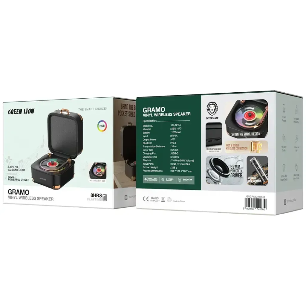Green Lion Gramo Vinyl Wireless Bluetooth Speaker with RGB Lights, 52mm Hi-Fi Driver & TF Card Support