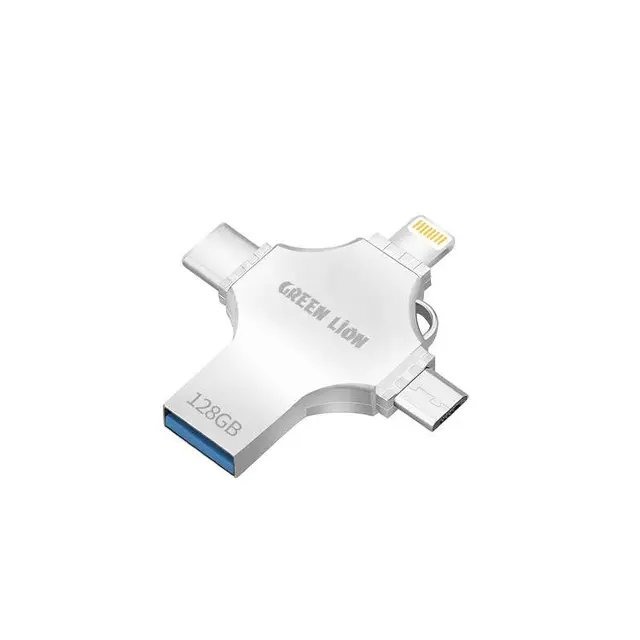Green Lion 4-in-1 USB Flash Drive 128GB – Silver | USB-A, USB-C, Lightning & Micro USB Memory Drive