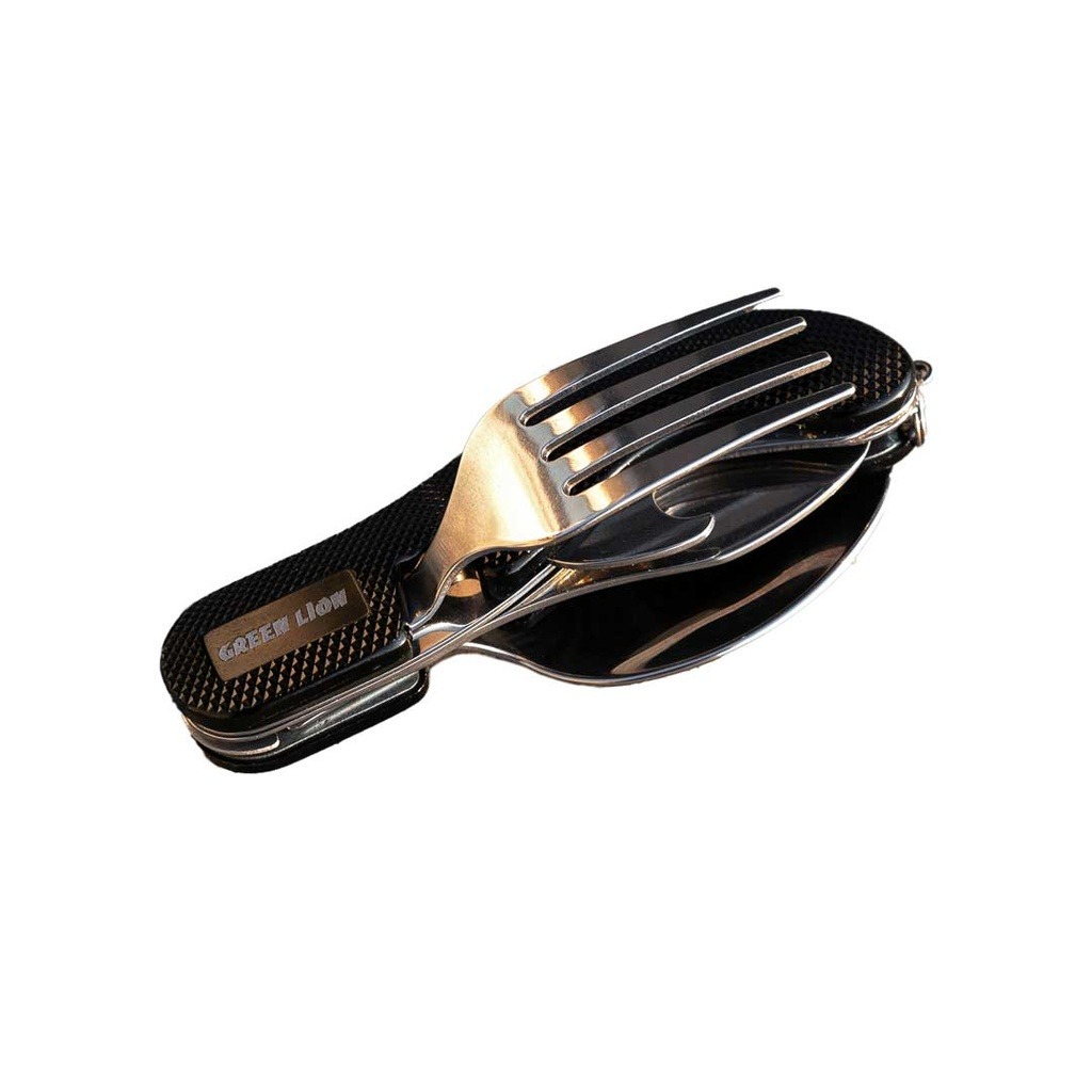Green Lion 4 in 1 Cutlery Set – Black | Stainless Steel Camping Spoon Fork Knife & Bottle Opener