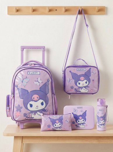 Sanrio Kuromi 5-Piece School Trolley Bag Set for Girls 5-8 Years with Lunch Bag - 16 inches