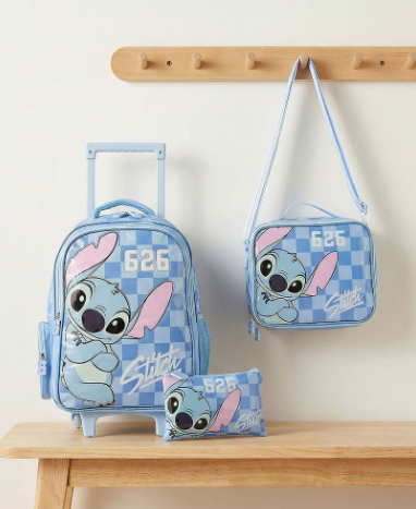 Disney Stitch Print 3-Piece School Trolley Bag Set for Girls 5-8 Years with Lunch Bag - 16 inches