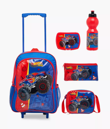 Hot Wheels Mattel Hot Wheels 5-Piece School Trolley Bag Set for Boys 5-8 Years with Lunch Bag and Pencil Pouch