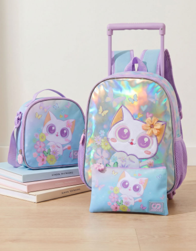 SAMI STUDIO Cat Print 3-Piece School Trolley Bag Set for Girls 2-5 Years with Lunch Bag - 12 inches