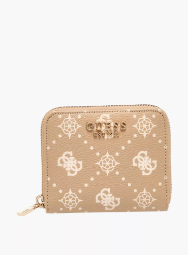 Guess Carrie Monogram Print Wallet with Zip Closure - Beige