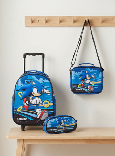 Juniors Sonic Print 3-Piece School Trolley Bag Set for Boys 3-5 Years with Lunch Bag - 14 inches