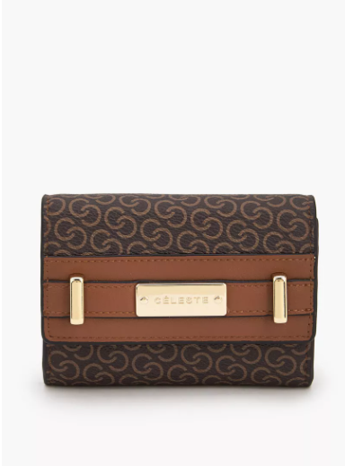 Celeste Monogram Print Wallet with Magnetic Snap Button Closure - Brown