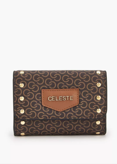 Celeste Stud Embellished Wallet with Button Closure - Brown