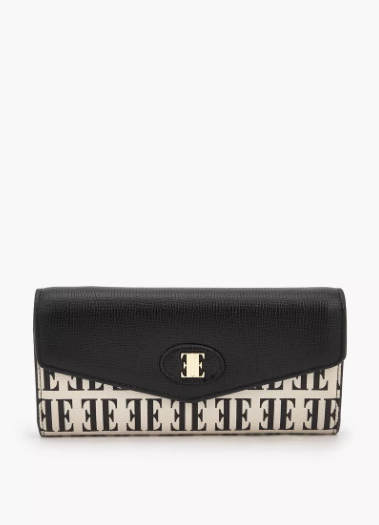 Elle Monogram Print Wallet with Snap Button Closure - Black