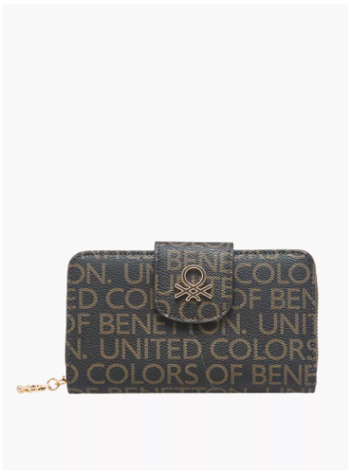 United Colors of Benetton Monogram Print Wallet with Zip Closure - Black