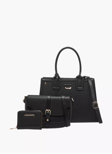 Sasha Textured Tote Bag with Crossbody Bag and Zip Around Wallet - Black
