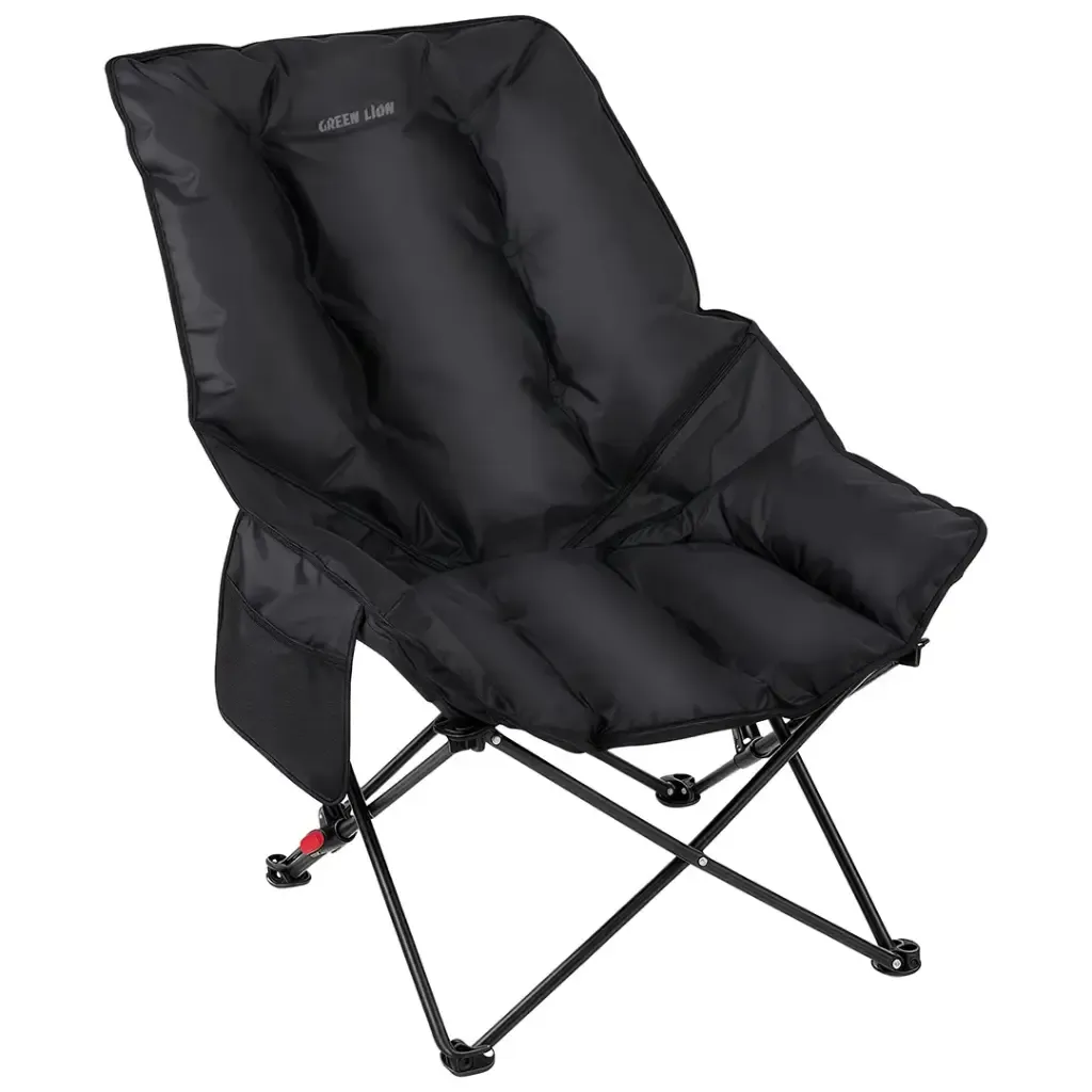 Green Lion Travex Camping Chair, Adjustable Folding Outdoor Chair with Carbon Steel Frame, 120kg Capacity, Carry Bag & Side Pocket – Black