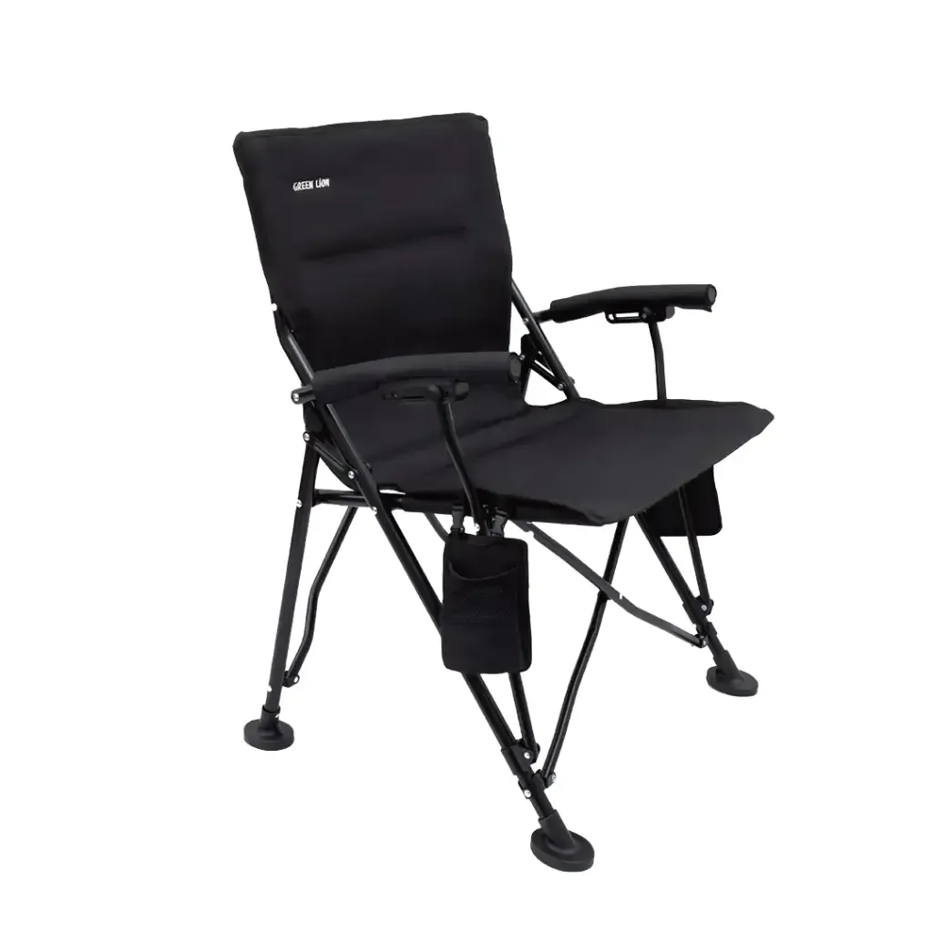 Green Lion Outdoor Camping Chair with Carrying Bag, Foldable Heavy-Duty Camping Chair, 150kg Capacity, Steel Frame, Bottle Holder – Black