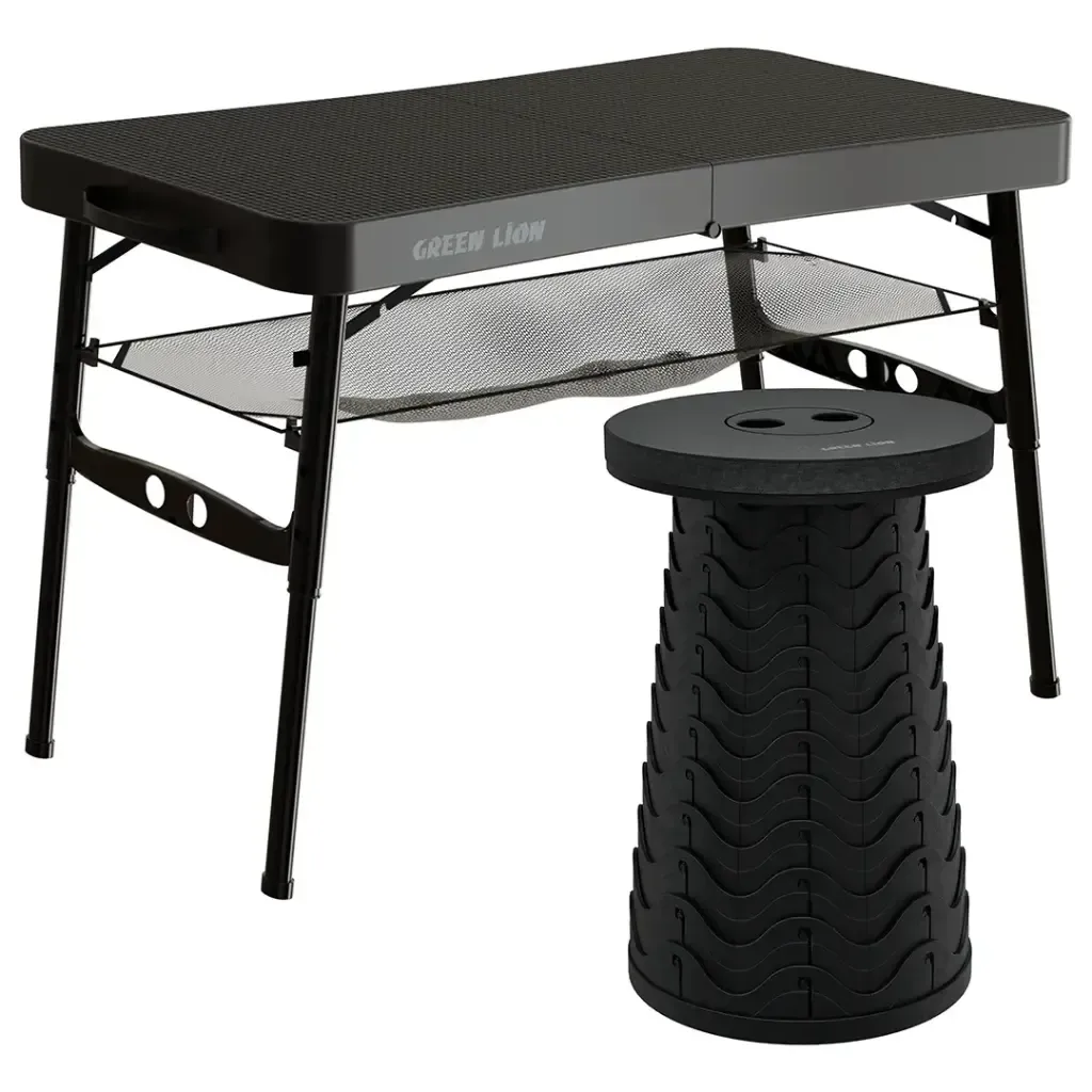 Green Lion Folding Table and Chair Set for Travel & Camping, Adjustable Height Portable Outdoor Table with Telescopic Chair, Foldable Picnic Set – Black