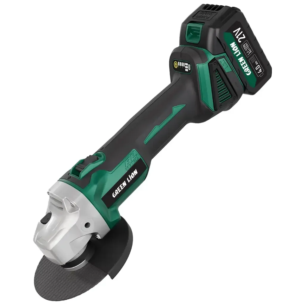 Green Lion GAG-900 Cordless Angle Grinder, 900W Brushless Grinding Mill with 2×21V 4.0Ah Batteries, 12000RPM, 125mm Disc – Green