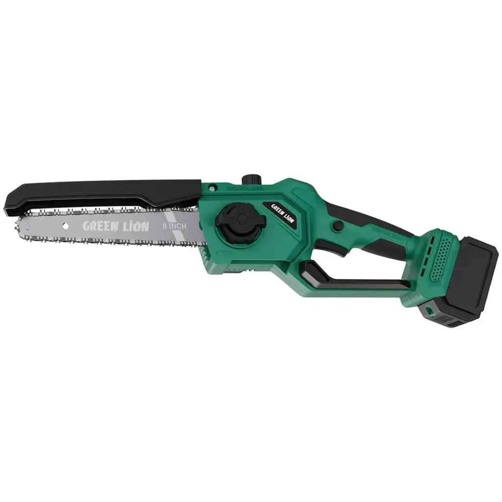 Green Lion GES-8 Cordless Brushless Electric Chainsaw, 21V 3000mAh Battery with 850W Power, 20cm Cutting Capacity, Auto Lubrication – Green