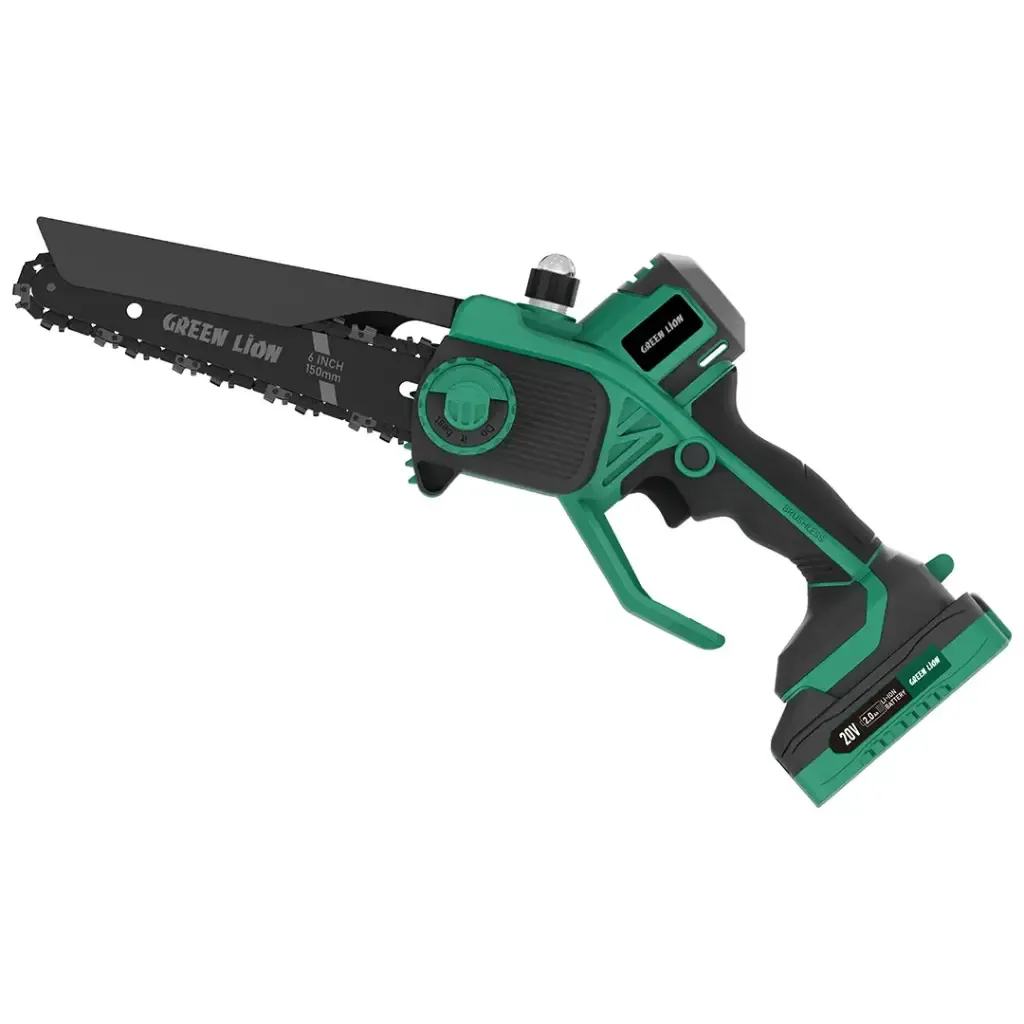 Green Lion GES-6 Cordless Electric Chainsaw, 20V Brushless Mini Chainsaw with 6-Inch Guide Bar, 2.0Ah Li-Ion Battery – Green