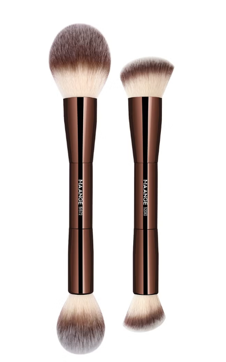 Maange Foundation Makeup Brushes, 2Pcs Premium Double-Ended Makeup Brush (Flat/Angled/Angled Round/Tapered Top) for Buffing Liquid, Cream, Powder, Blending Contour Face