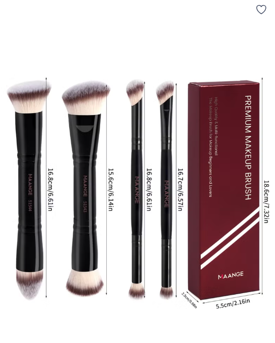 Maange 4-Piece Double-Ended Makeup Brush Set – Foundation, Contour, Blush & Eyeshadow Brushes – Travel-Friendly & Gift-Ready, - Black