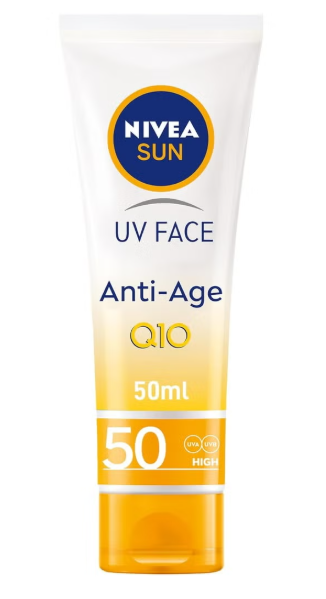 NIVEA SUN Face Cream, SPF 50, High UVA and UVB Protection, with Q10 Technology, Anti-Age, Water Resistant, Non-Greasy, 50ml