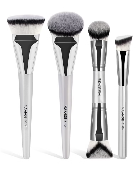 Maange 4Pcs Foundation Makeup Brush, Double Ended Makeup Brushes, Applying Liquid or Powder, Blush, for Contouring Blending Foundation Blush Brush - Silver