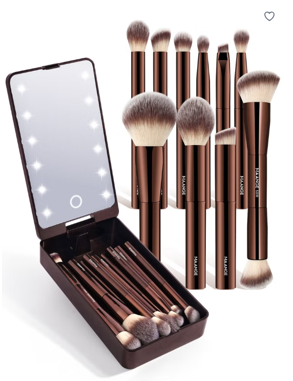 Maange 11Pcs Professional Makeup Brushes with LED Makeup Organizer, Premium Synthetic Face Foundation Powder Blush Eyeshadow Blending Eye Brush Set Travel Makeup Brushes Set - Brown