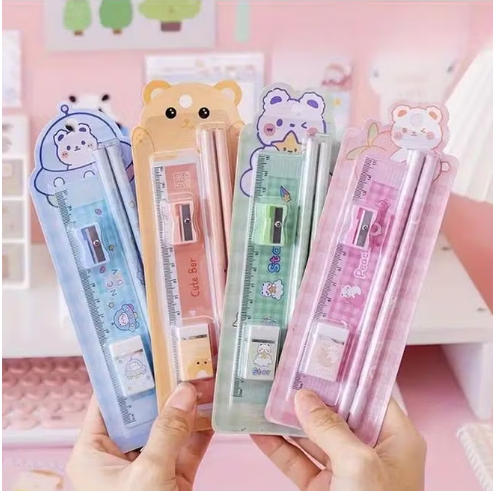 Generic 4 Pcs Cartoon Stationery Set With Pencil Eraser Sharpener Ruler Random Color Student Gift