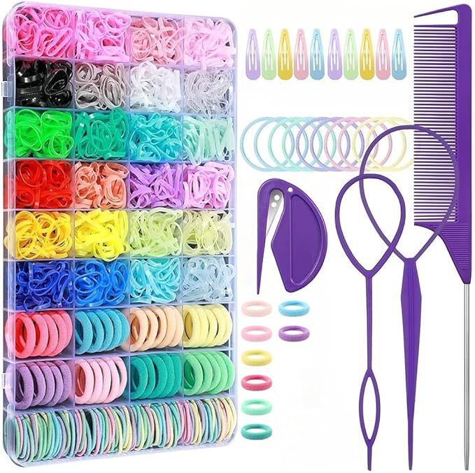 SYOSI Hair Bands Accessories Set for Girls, 1600 Pcs Elastic Multicolor Seamless Cotton Hair Ties Set 24 Color Rubber Bands With Organizer Box Cotton Baby Ties Styling Tool