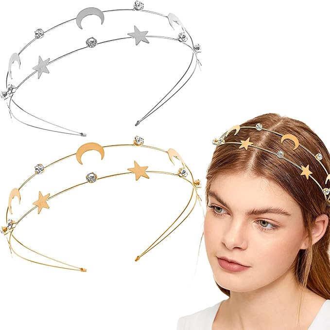 SYOSI 2 Pcs Alloy Moon Five-pointed Star Headbands Bridal Hair Hoop Wedding Hair Accessories Ornaments for Elegant Women Girls
