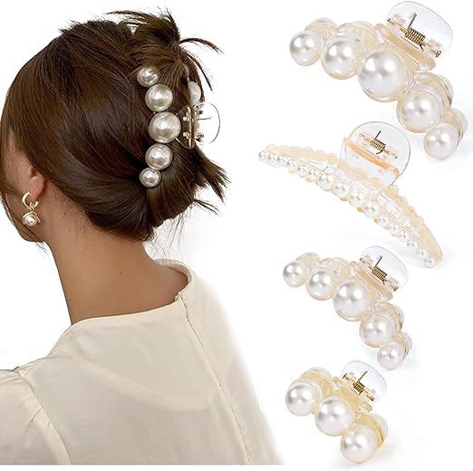 SYOSI 4 PCS Large Pearl Hair Claw Clips for Women Girls, Hair Barrette Clamps for Thick Thin Hair, Fashion Hair Accessories Headwear Styling Tools for Party Wedding