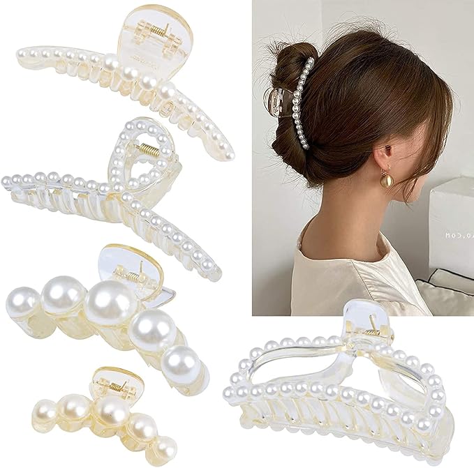 SYOSI Large Pearl Hair Claw Clips Set, White Thick Jaw Clips for Women and Girls, Fashion Hair Accessories, Elegant Barrettes for Everyday Use, Idea - 5 Pieces