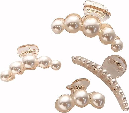 DELFINO Hair Claw Clips for Women, Champagne Pearl Hair Barrettes, Medium Small Hair Catch Claws Pins Clamps, Non Slip Hair Clip Jaw Clips Hair Styling Accessories for Girls 4Pcs