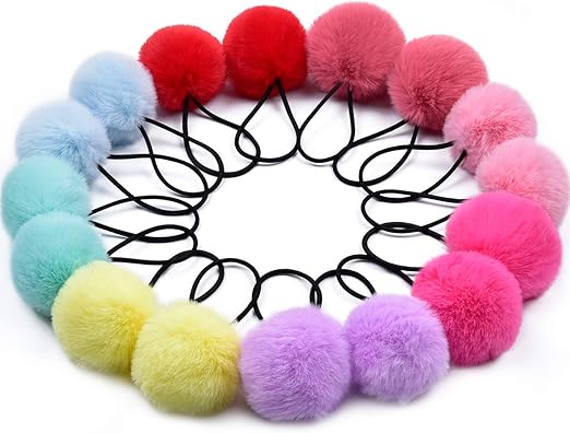 Delfino Pom Hair Ties, Elastic Ties Poms Fluffy Ponytail Holders Pompom Band For Girls Toddlers Pigtail, 8 Colors/2 Inches, 16 Pcs