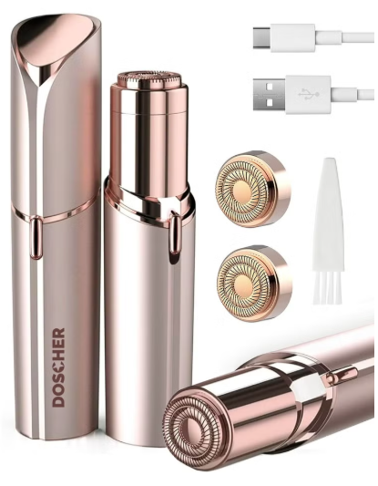 Doscher Facial Hair Removal for Women, Painless Epilator Hair Remover Device with 2 Pcs Replacement Heads , USB Rechargeable Face Electric Razor and Full body shave for ladies Legs, Bikini Line, Arms,Underarm,Face.