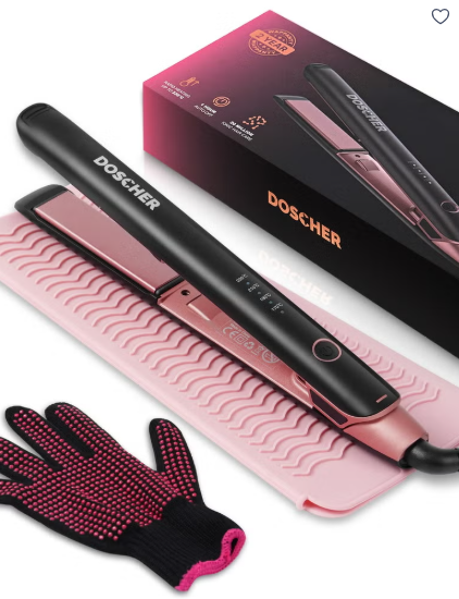 Doscher Hair Straightener and Curler 2 in 1 Ceramic Flat Iron - 4 Heat Settings and Heats Up to 230°C with a Heat-Resistant Silicone Pad and Gloves