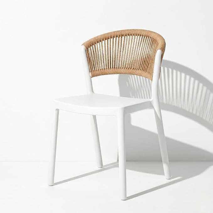 MARCOLO Chair Without Arms, Outdoor Plastic Dining Chair, Weather & UV Resistant Patio Chair for Balcony, Garden, Kitchen & Indoor Outdoor Use, Modern Rope-Style Design, 41x53.5x82cm (White)