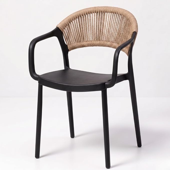MARCOLO Chair with Arms, Outdoor Plastic Dining Armchair, Weather & UV Resistant Patio Chair for Balcony, Garden, Kitchen & Indoor Outdoor Use, Modern Rope-Style Design, 41x53.5x82cm (Black)