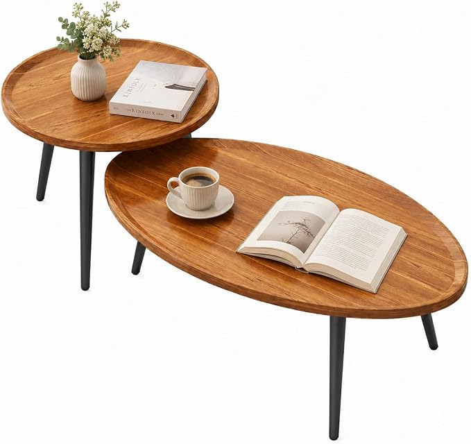 SKY-TOUCH Wooden Coffee Table Set – Modern Style Side Tables; Features Spacious Tabletops And Non-slip Tray Designs, With Steel Frames And Wooden Structures 50 x 50 x 47.5 cm & 80 x 55 x 38 cm