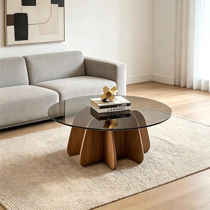 DAYONG Class Coffee Table, Modern Round Tea Table, Center Table End Side Table Coffee Desk for Living Room Balcony Office Apartment Hotel (Walnut)