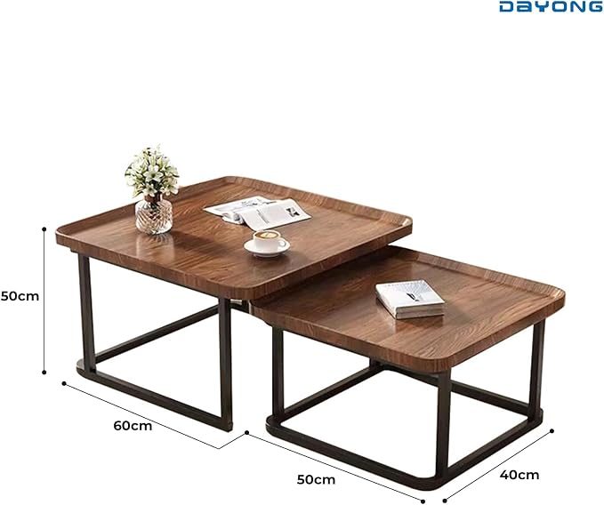 DAYONG Square Coffee Table Set of 2, End Table Set, Modern Side Tables, Nesting Table For Living Rooom Bedroom Office Dormitory Small Household Balcony Yard (Walnut)