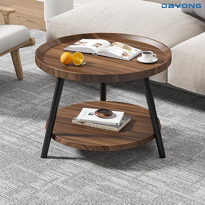 DAYONG 2-Tier Round End Table, Modern Simple Double-Layer Coffee Table, Corner Table in Balcony, Sofa Side Table Suitable for Living Room, Bedroom,Small Spaces, Easy Assembly(50*50*48cm) (A-Walnut)