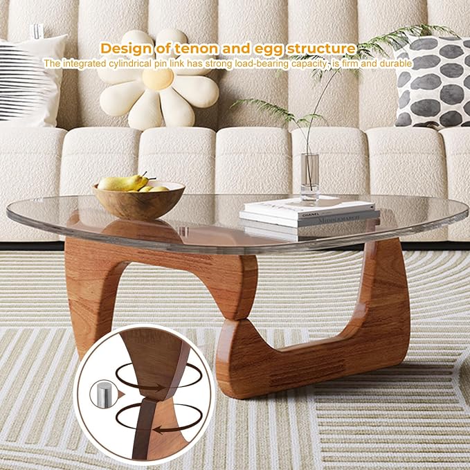 Beauenty Triangle Coffee Table in Walnut Mid Century Modern Solid Wood Base and Triangle Clear Glass Coffee Table for Living Room Low Minimalist Tea Table Coffee Tables (Walnut/Transparent)