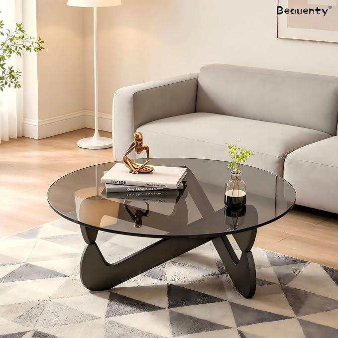Beauenty Modern Round Coffee Table,Glass Coffee Table with Wooden Base, Simple Side Table (70 * 70 * 35 cm) for Living Rooms, Offices,Apartment
