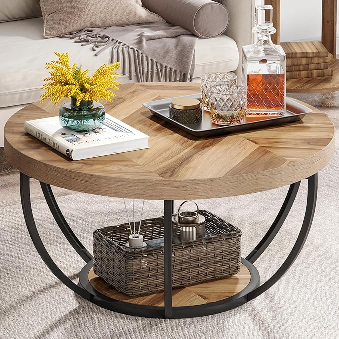 Tribesigns 80cm Round Industrial Coffee Table with 2-Tier Storage Shelves, Modern Wood & Black Metal Accent Center Table for Living Room, Home Office – Easy Assembly