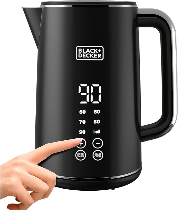 غلاية رقمية BLACK+DECKER، 2200 واط، 1.7 لتر، شاشة تعمل باللمس، تصميم جدار مزدوج، 6 درجات حرارة محددة مسبقًا، 30 دقيقة للتدفئة، شاشة LED، إيقاف تشغيل تلقائي، حماية من الغليان الجاف، مظهر خارجي بارد اللمس، أسود - JCD200 - B5