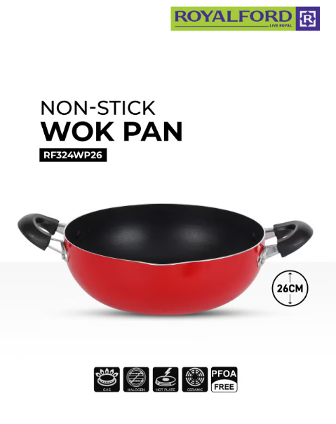 مقلاة "كاداي" (Kadai) العميقة (Wok) مقاس 26 سم – مقلاة غير لاصقة مطلية بالجرانيت، آمنة للاستخدام على مواقد الحث (Induction) ومزودة بمقابض مقاومة للحرارة؛ أواني طهي متينة للقلي والتشويح والطبخ – اللون الأحمر، مقاس 26 سم.