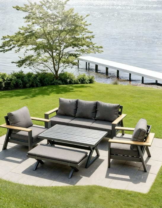 Broyhome 5-Seater Aluminum Outdoor Sofa Set with High Table & Bench -Weather-Resistant Patio Furniture for Gardens, Balconies &Poolside