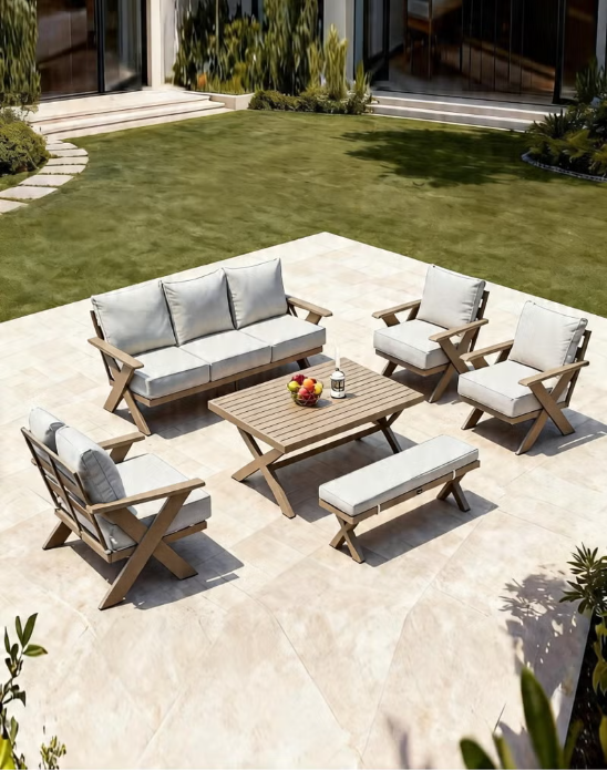 Broyhome ​7-Seater Outdoor Furniture Patio Sofa Set with High Table & Bench,Waterproof Cushion- Weather-Resistant Patio Furniture for Gardens, Balconies & Poolside