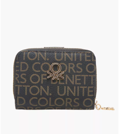 United Colors of Benetton Monogram Print Wallet with Zip Closure - Black