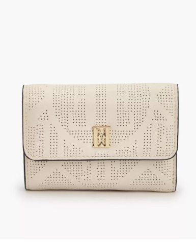 Elle Perforated Wallet with Snap Button Closure - Cream
